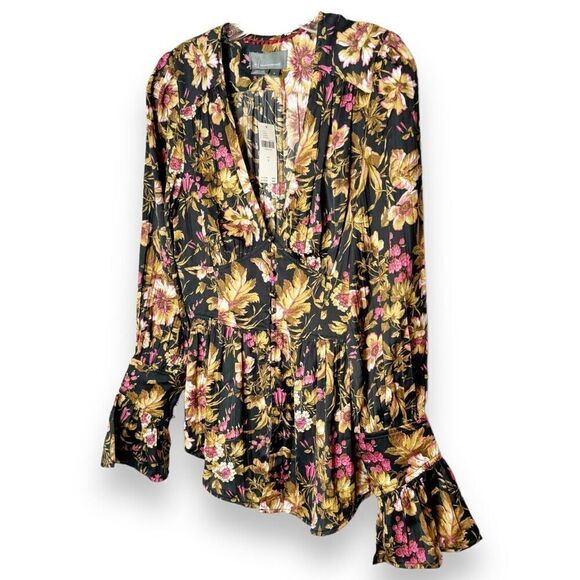 Anthropologie Deep-V Tunic Floral Black Motif Blouse Top Button Corset Peplum S - Picture 4 of 12